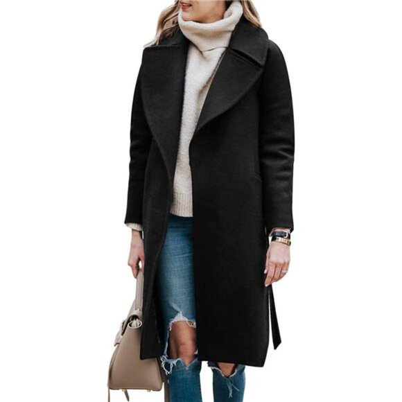 Women's Trench Coat Long Jacket Outerwear Black - Picture 1 of 6